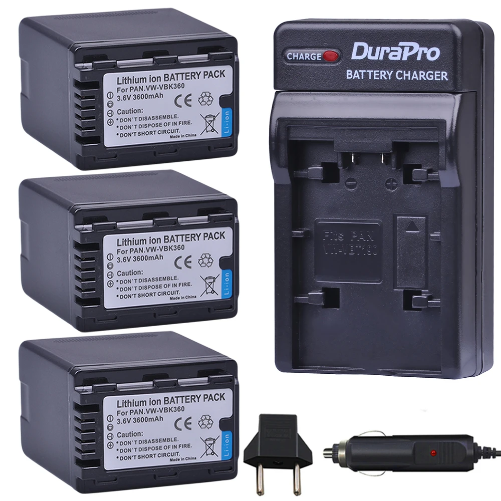 Аккумулятор для камеры VW-VBK360 VW VBK360, 3 шт., автомобильное зарядное устройство для Panasonic HDC-HS80, SD40, SD60, SD80, SDX1, SDR-H100, H85, H95, HS60, HS80, TM60