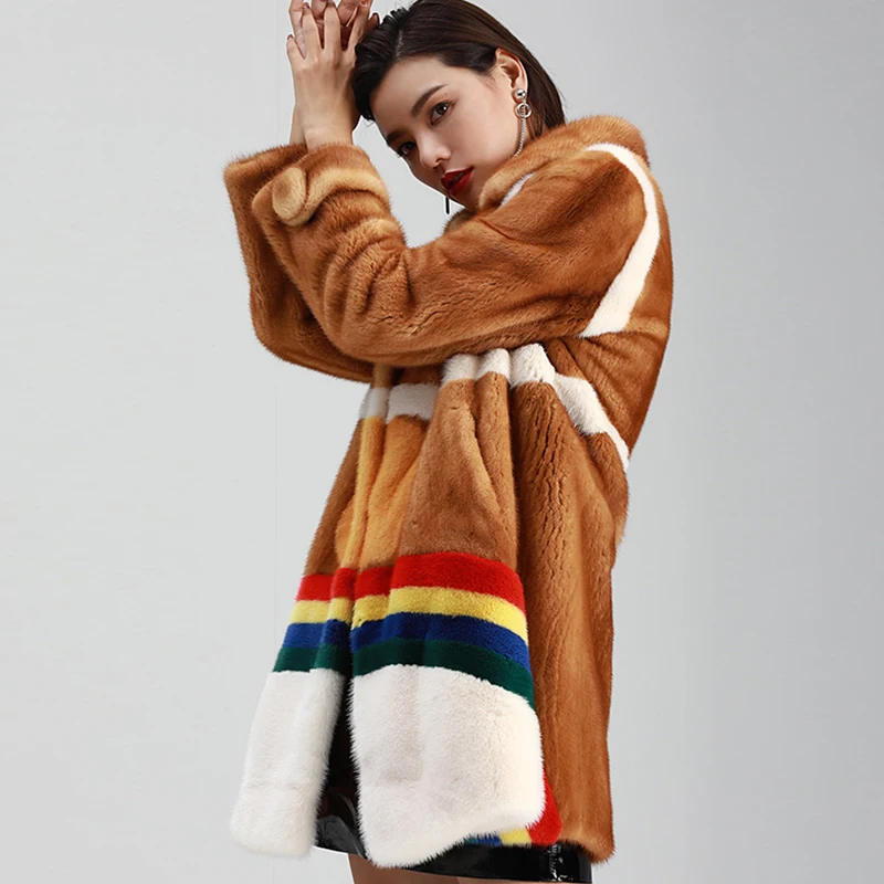 LVCHI Winter 2019 Real Mink Fur Coats Women's Patchwork Color Coat Full Pelt Contrast Color Turn-Down Collar Long Mink Coats