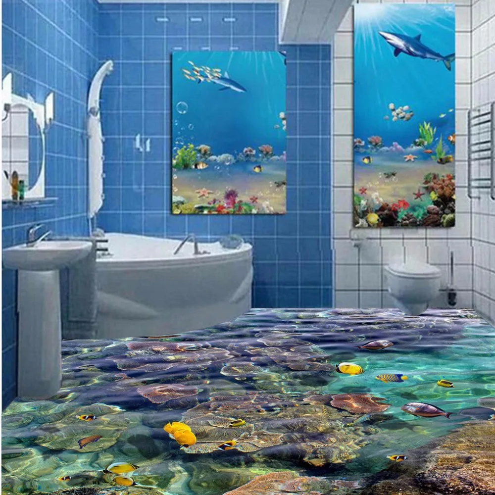 

Free Shipping custom tropical fish 3D floor painting waterproof non-slip wear self-adhesive floor wallpaper mural