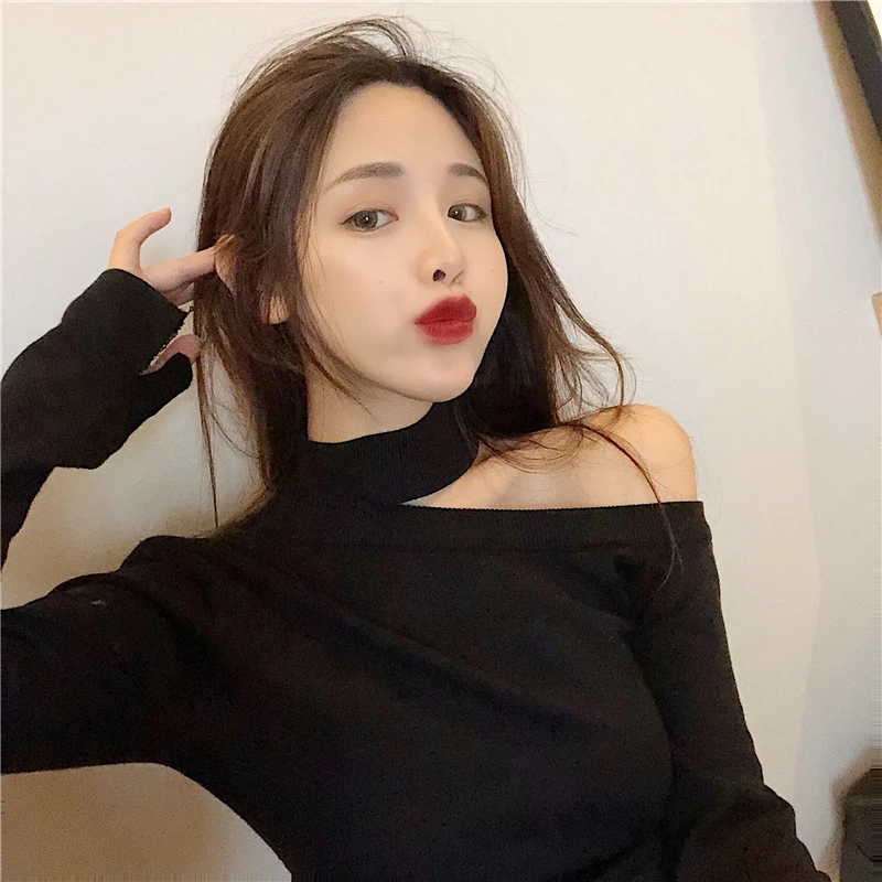 Little Sexy Off One Shoulder Tight Knit Women Slim Versatile Bare Bottom Sweater Женская одежда