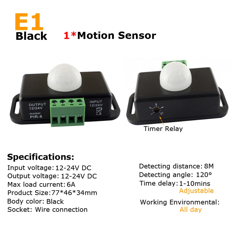 E1 Black Движения Сенсор светильник переключатель 12V PIR Сенсор 24В 5В движения детектор, таймер Автоматический Инфракрасный Переключатель ВКЛ/ВЫКЛ переключатель светильник на открытом воздухе - Цвет: E1 Black