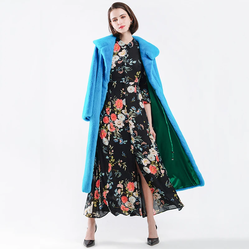 Ftangaiur Winter Jacket Import Velvet Mink Fur Coat Turn-Down Collar Solid Causal Coats Women's X-Long Real | Женская одежда
