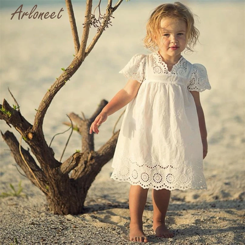 Arloneet White Baby Dresses Lovely Kids Girls Floral Print Lace Princess Hollow Clothes Sundress 2017 Hot 2019 RE18 | Детская одежда и