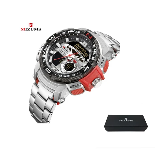red with box Роскошный бренд Mizums часы Мужские кварцевые мужские s наручные часы водонепроницаемые 2 раза будильник электрические цифровые спортивные мужские часы relogios - Цвет: red with box