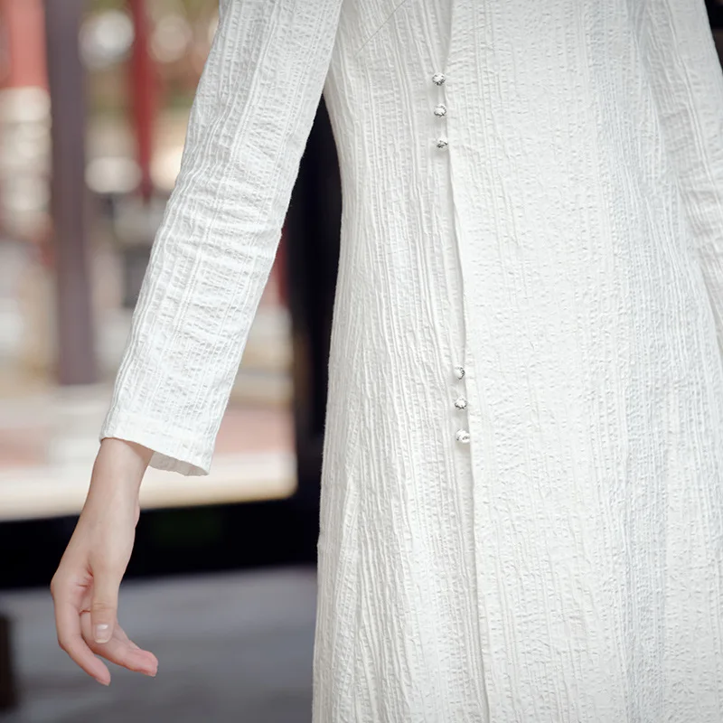 Long Sleeve White Solid Dress Spring Fall Women Dresses Vintage Chinese Cheongsam Linen Qipao Robe Femme Vestido | Тематическая