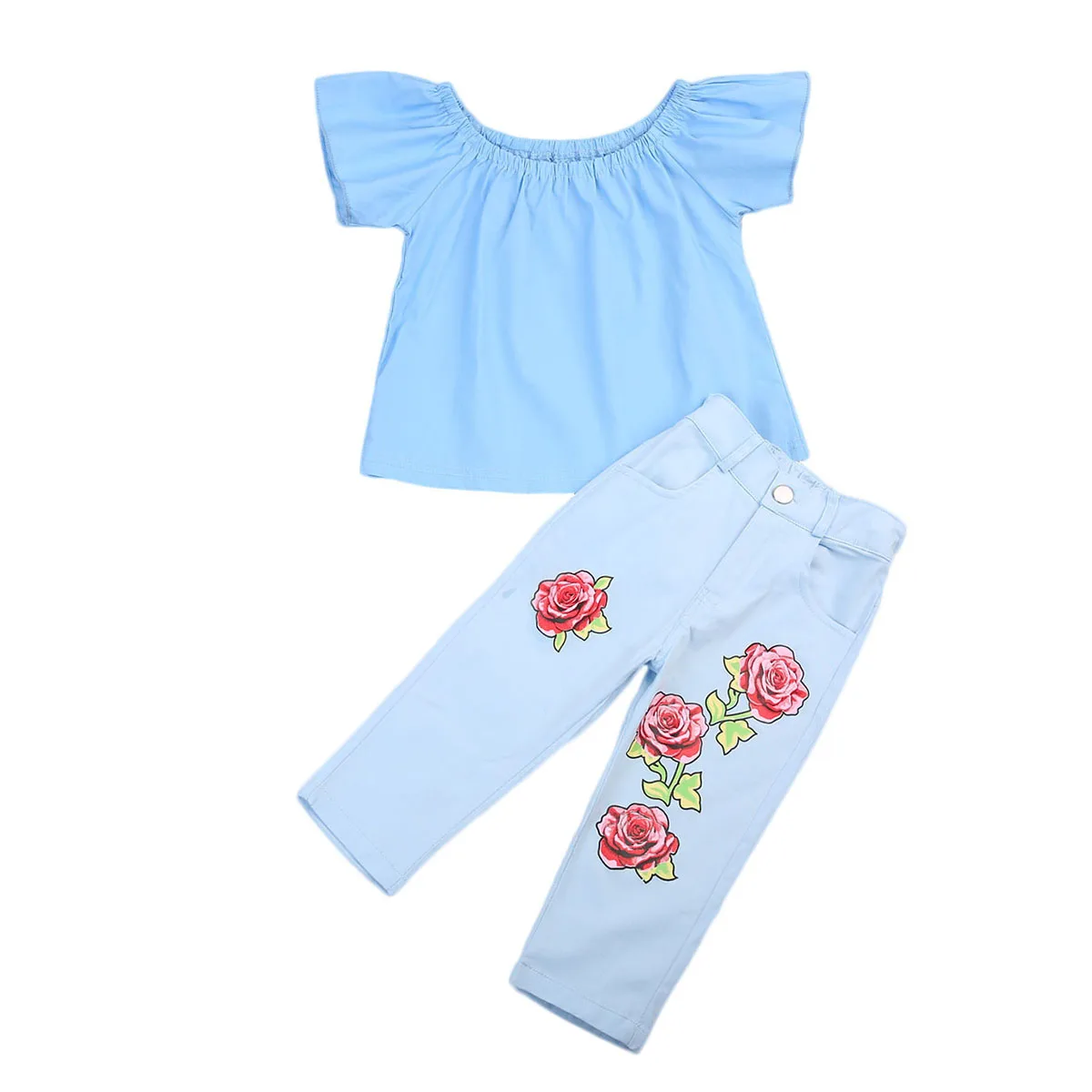 Одежда для маленьких девочек Футболка с открытыми плечами Топы + длинные штаны