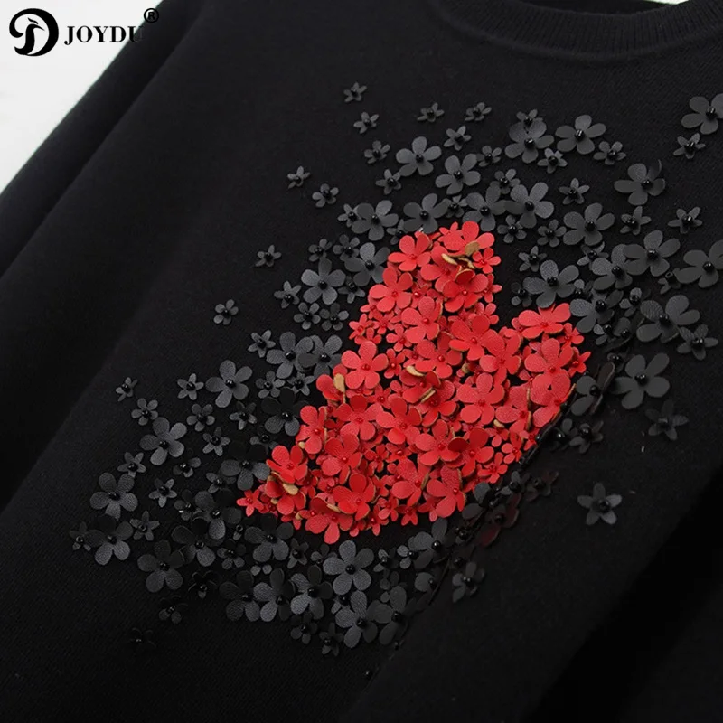 JOYDU Runway Design Sweater Women 2018 Long Sleeve Knit Pullover Heart Pattern Flower Beading Novelty Casual Jumper pull femme | Женская