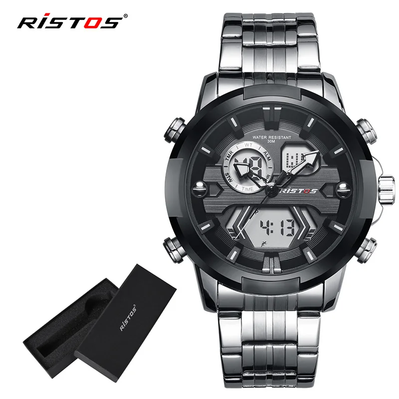 Black Silver Box RISTOS Мужские Цифровые Аналоговые наручные часы модные часы Relojes Masculino Hombre многофункциональные мужские спортивные часы с хронографом Новинка 9359 - Цвет: Black Silver Box