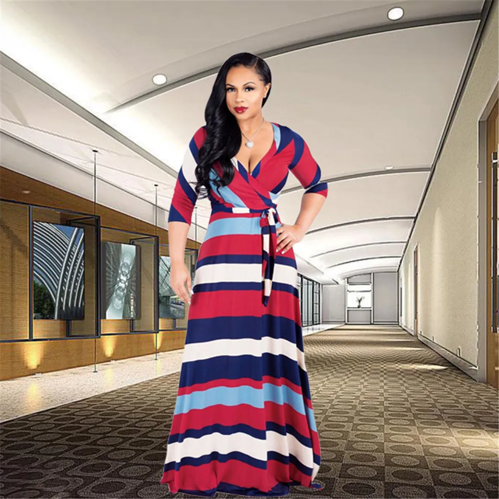 Для женщин Весна-осень v-образным вырезом длинный рукав платье макси Цвет Блок