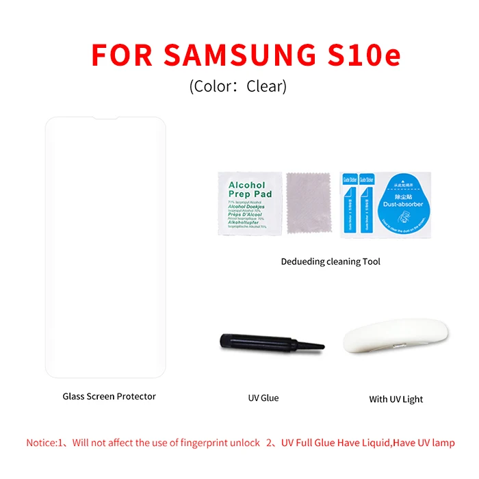 S10e UV Clear 1piece Для samsung S10 S10+ S10e полный клей изогнутый стеклянный экран протектор отпечатков пальцев разблокировка 3D жидкая УФ защитная пленка из закаленного стекла - Цвет: S10e UV Clear 1piece