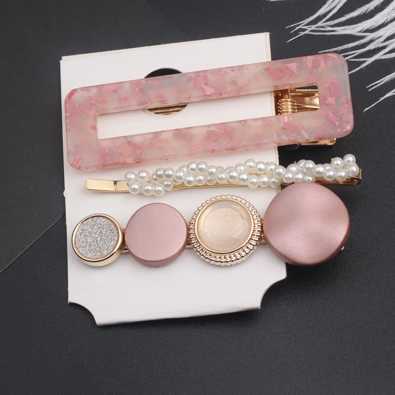 New 3PCS/Set Pearls Acetate Hair Clips For Women Girls Hairpins Headband Fashion Barrettes Hair Accessories Set - Цвет: Pink