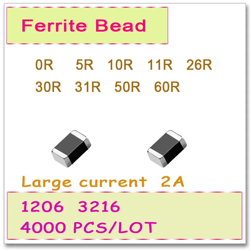 JASNPROSMA 1206/3216 100MHZ 4000PCS 2A Large current SMD Ferrite Bead 0R 5R 10R 11R 26R 30R 31R 50R 60R 25% OHM High quality | Электроника