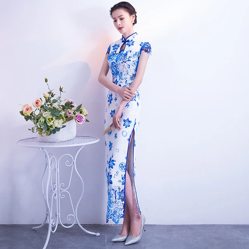 Синий белый фарфоровый чеонгсам сексуальное Qipao длинное модное раздельное