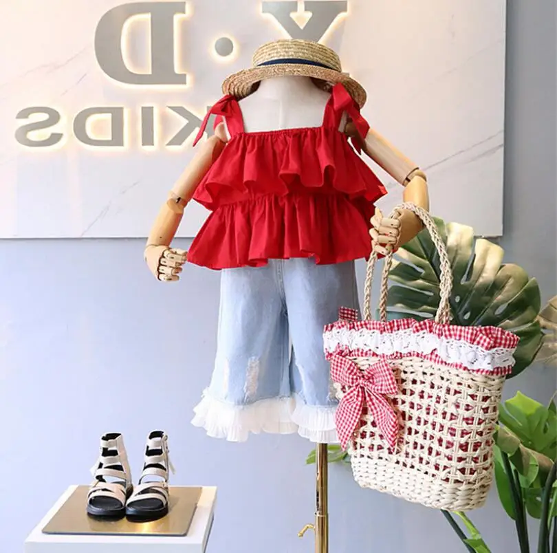 Корейский стиль 2019 летний хлопковый красный топ для маленьких девочек с оборками