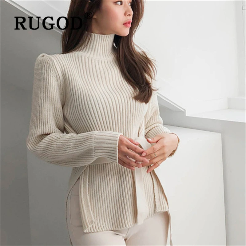 Женский свитер с большим бантом RUGOD Однотонный высоким воротником и длинным