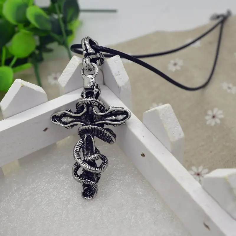 

Gothic Snake Cross Skeleton Skull Pendant Necklace for Men Vintage Alloy Leather Chain Halloween Jewelry