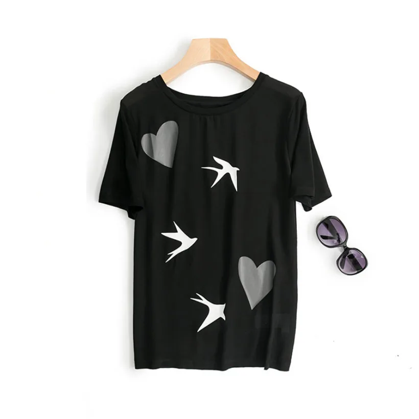 Для женщин мода короткий рукав Футболки Лето 2017 г. шелк хлопок лоскутное для