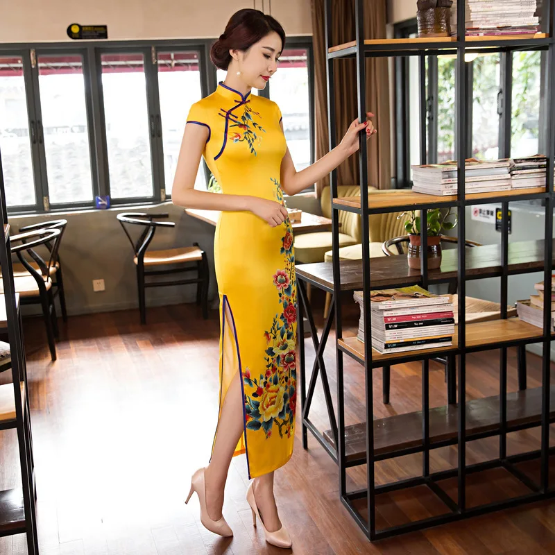 SHENG COCO женское желтое вечернее Ципао Длинные атласные платья Qipao банкетное платье с принтом сексуальное
