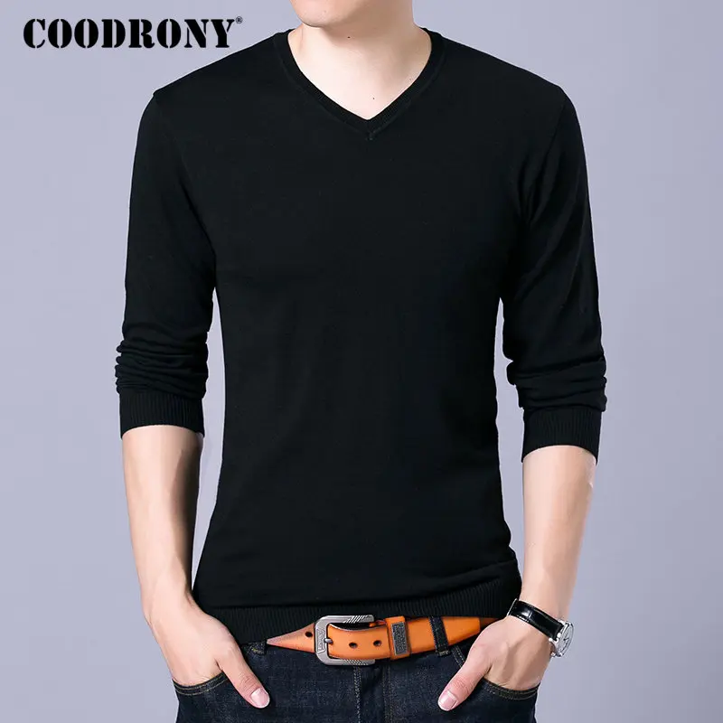 Черный COODRONY Brand Sweater Men Knitwear Pull Homme Streetwear Classic Casual V-Neck Pullover Men Autumn Winter Woolen Sweaters 91054 - Цвет: Черный