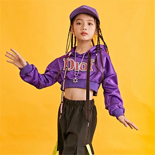 Purple coat Костюм для джазовых танцев Детский костюм для уличных танцев свободная Одежда для танцев в стиле хип-хоп для девочек костюмы с длинным рукавом в Корейском стиле - Цвет: Purple coat