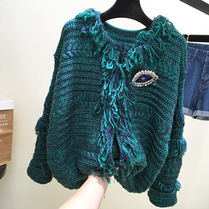2018 chic autumn and winter new women's Korean matching knit nail drill tassel cardigan coat |