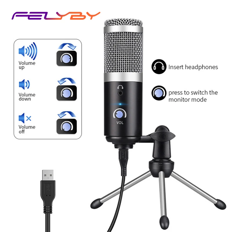 FELYBY AK-5 USB конденсаторный записывающий микрофон Youtube Подкаст инструмент для