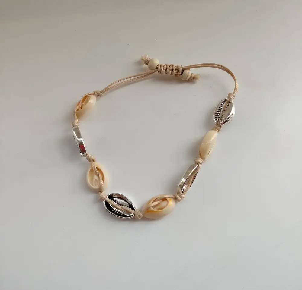 Seashell Anklet natural alloy material bead accessory with Beige and black string rope adjust size | Украшения и аксессуары
