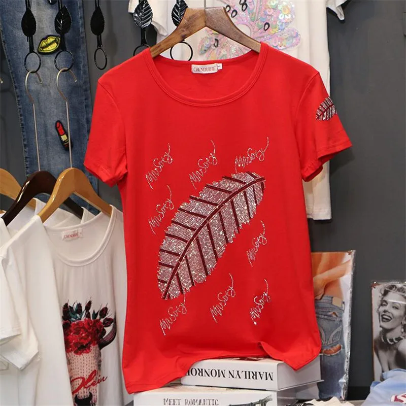 

2022 Summer Short Sleeve T-Shirt Women's Fashion Feather Hot Drilling Diamond Tops Tees Loose Casual T Shirt Female TX078