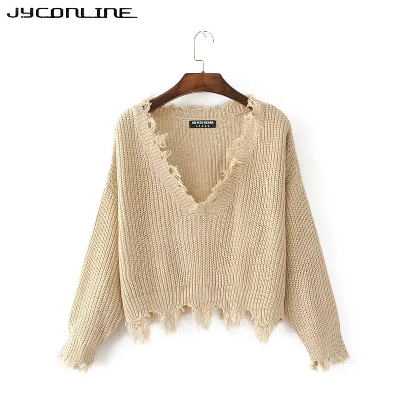 Сексуальный вязаный свитер JYConline женский джемпер черный белый рваный пуловер с