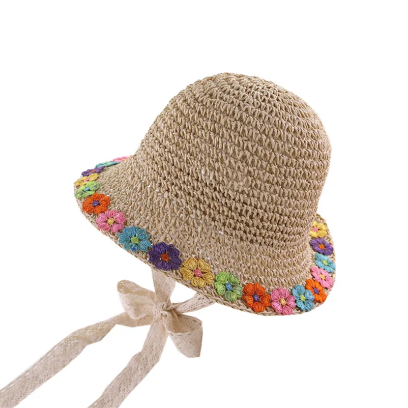Adorable little girls sunflower embroidery straw cap casual kids simple beach hat for girls clothes accessories children hats