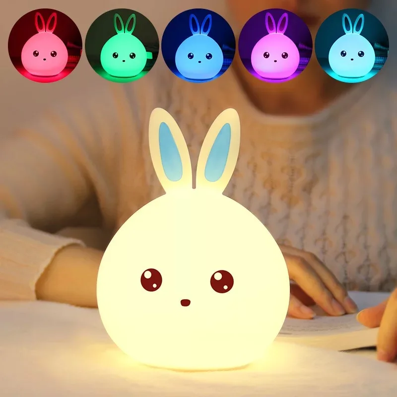 LED Night Light Remote Touch Sensor Colorful Silicone Bunny USB Rechargeable Desk Bedside Lamp for Children Gift | Освещение