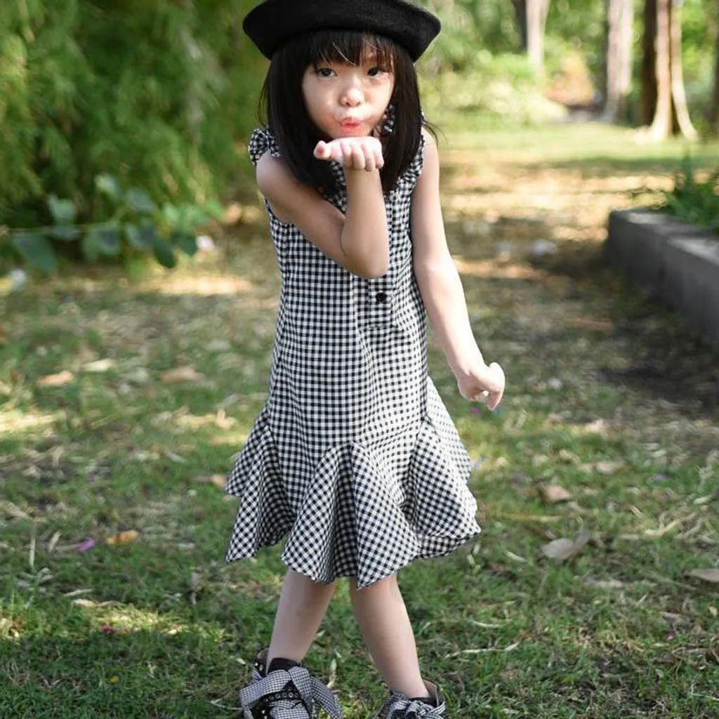 Fashsiualy Girls Summer Baby Dress Kids Clothes Toddler Sleeveless Plaid Print Pleated Dresses | Детская одежда и обувь