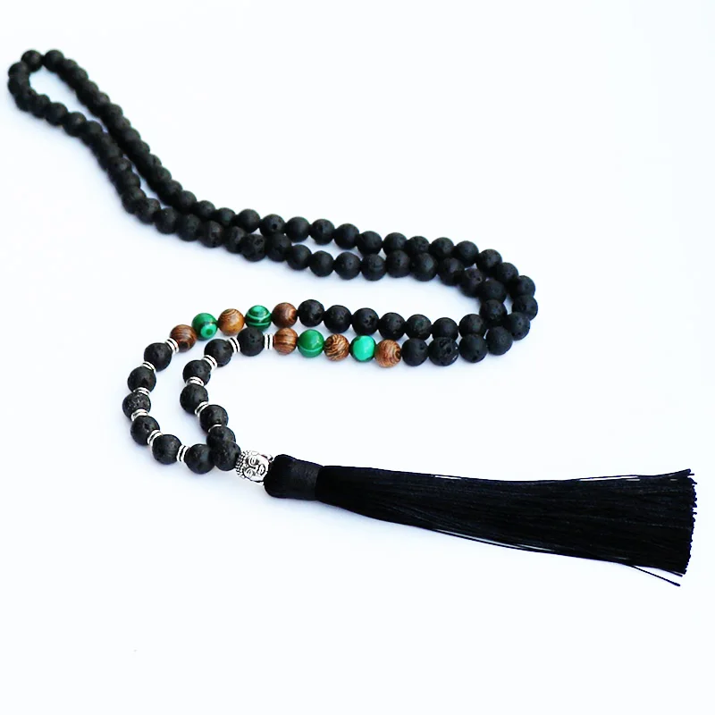 Мужская Черная Лава с камнями натуральный Малахит серебряной кисточкой Budddha Balck