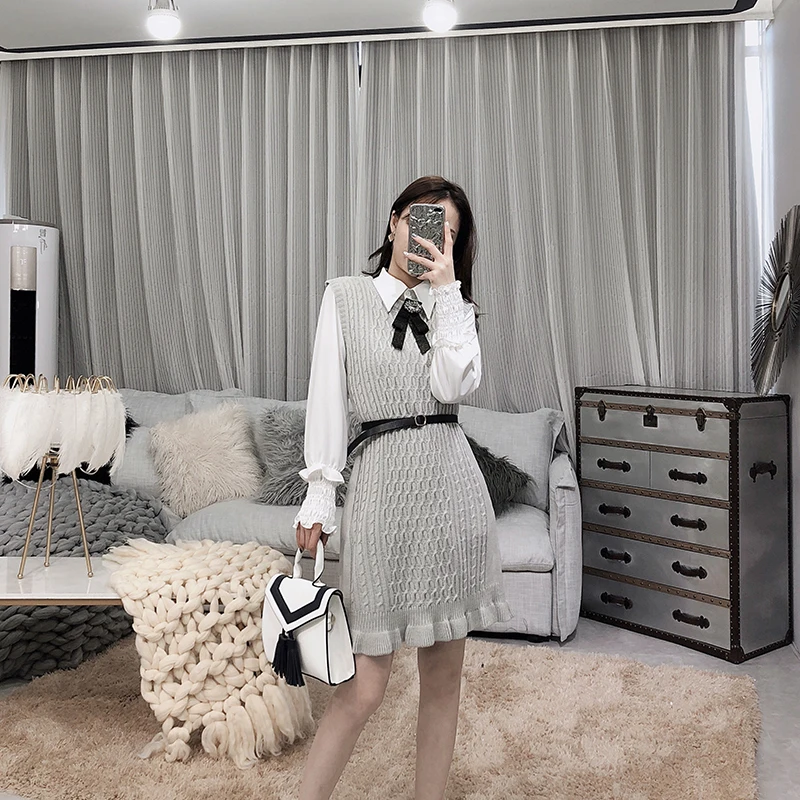 ALPHALMODA, весеннее женское изящное вязаное платье+ рубашка с длинными рукавами, костюмы из 2 предметов, с бантом, с ромбовидной сеткой, с поясом, комплекты платьев на бретелях