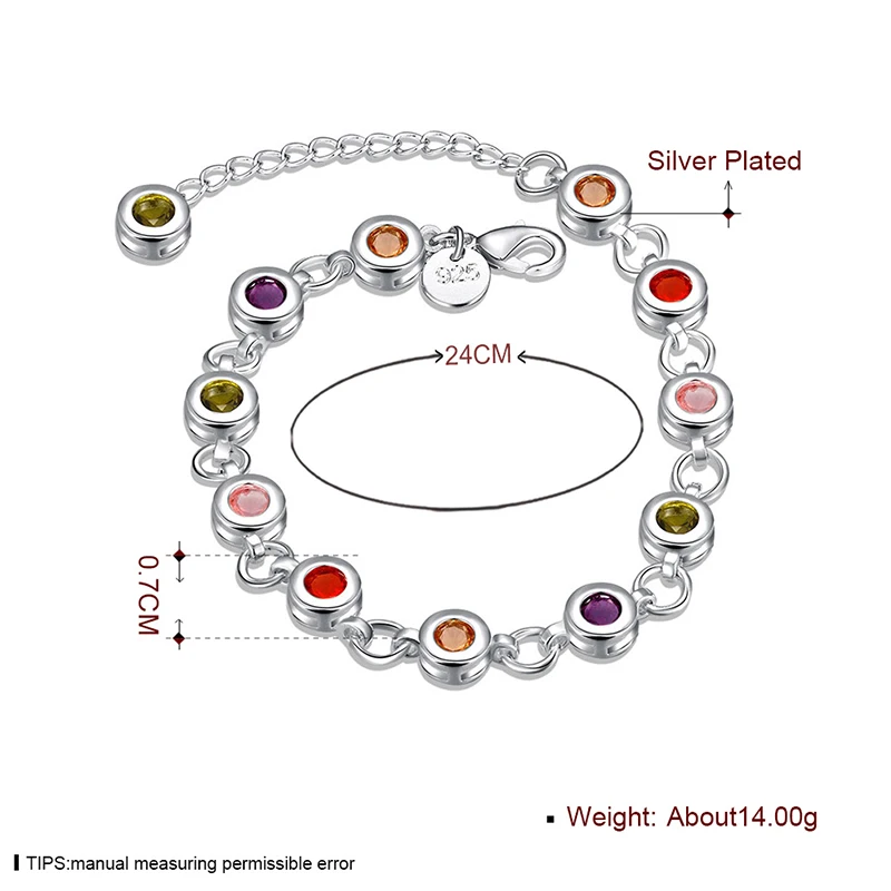 Стерлингового Серебра 925 Браслет Для Женщин Разноцветные Круглый Cz Камень