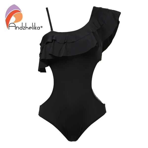 Black Andzelika bikini Сексуальная Купальник боди женский купальник монокини на одно плече с рюшами - Цвет: Black