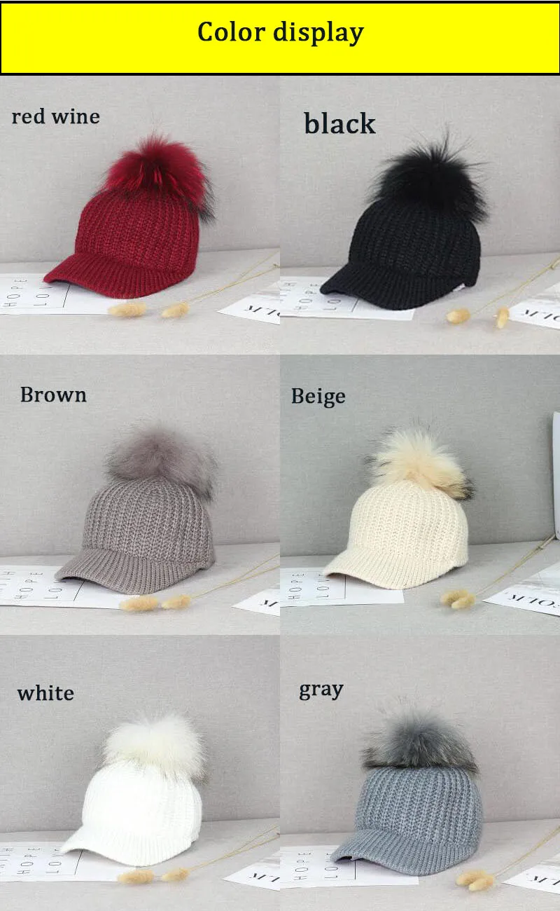 Fashion Big Hairball Baseball Caps for Women and Girl Autumn Winter Warm Knitted Hairy Hats Adjustable Wool Snapback Cap