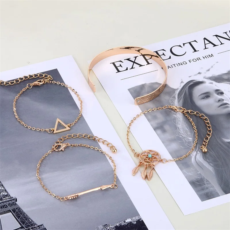 KISSWIFE 4 Pcs/Set Vintage Geometric Arrow Crystal Chain Gold Bracelets Ladies Bohemian Beach Bangle Jewelry | Украшения и