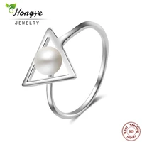 hongye natural freshwater pearl rings 925 sterling silver jewelry fashion triangle 6mm real pearl ring for women wedding gift