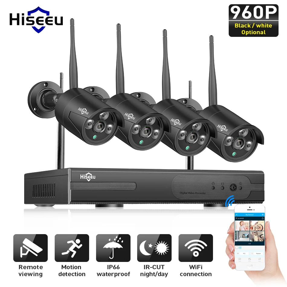 Hiseeu Беспроводная система видеонаблюдения 960P 4ch 1.3MP ip-камера Водонепроницаемая наружная P2P домашняя система безопасности комплекты видеонаблюдения