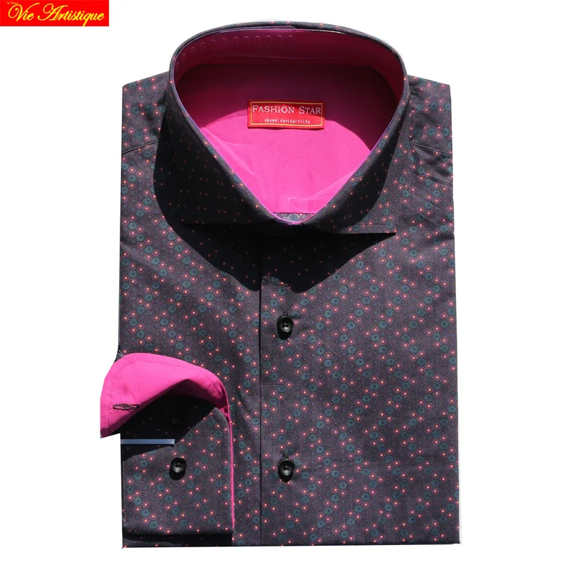 

wine cotton printed floral men's long sleeve shirt male fashion slim fit dress shirts big sizes high quality 6789XL summer VA