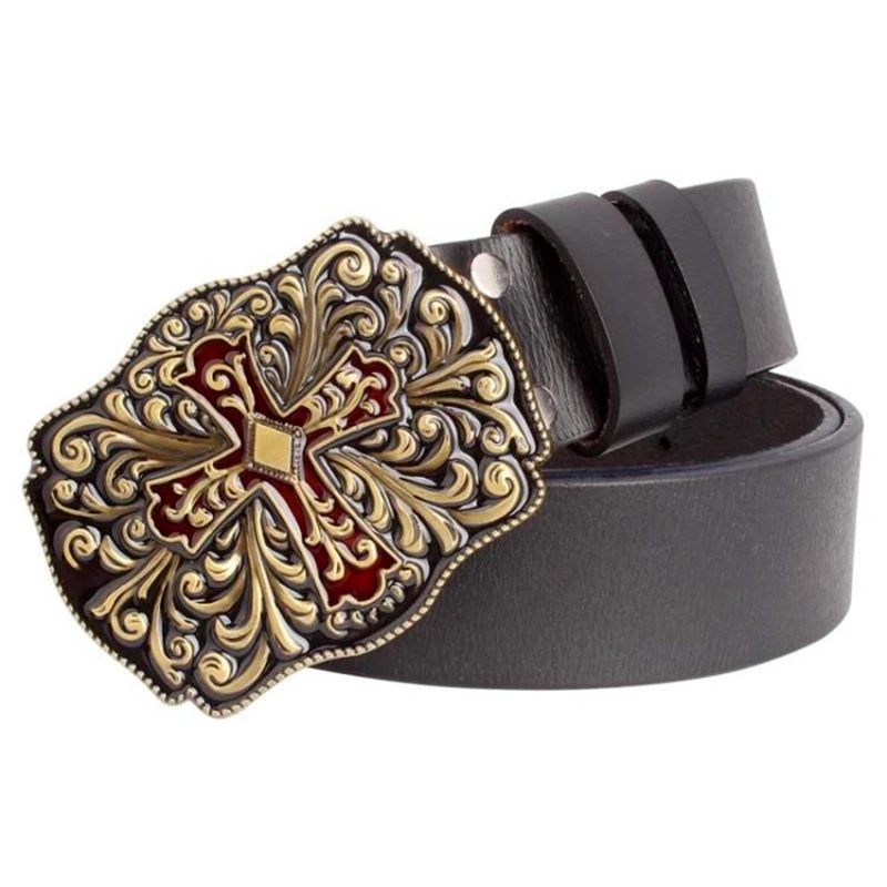 

Fashion Genuine leather belt women Cross Buckle Belt Cross arabesque pattern lady real leather belt for woman gift