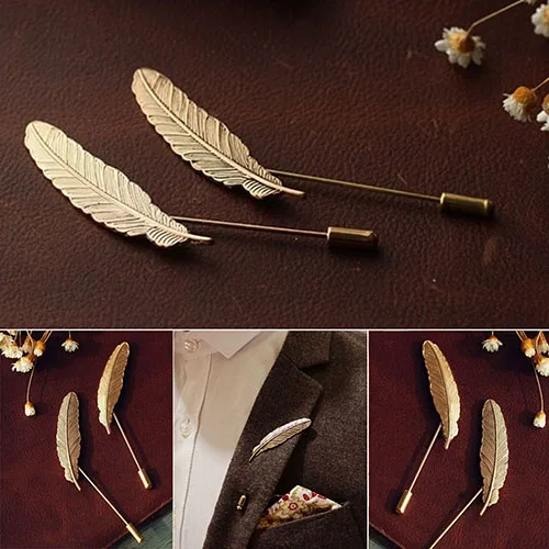 Мужская брошь в стиле ретро с золотыми листьями и перьями 12 шт.|sweater clip|feather brooch - Фото №1