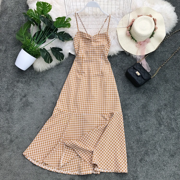 2019 новые модные женские платья приталенное Ретро клетчатое пляжное платье с