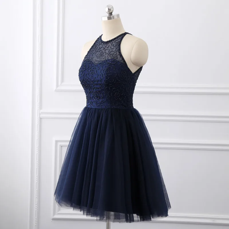 Женское платье с бисером темно-синее короткое для выпускного вечера расшитое 2019 |