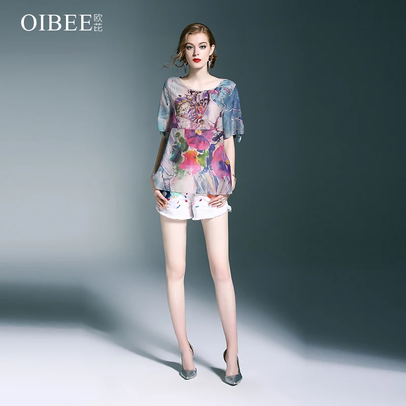 OIBEE шифоновая повседневная женская блузка с коротким рукавом и принтом