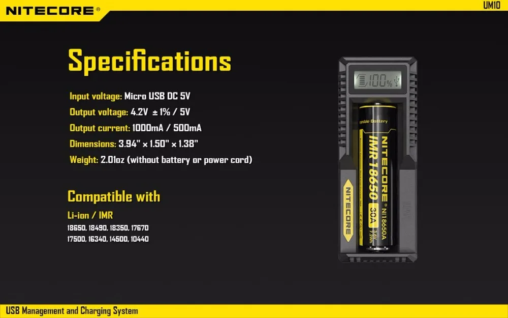 Nitecore умное зарядное устройство UM10 UM20 Digi зарядное устройство с ЖК-дисплеем универсальное USB питание для литий-ионного аккумулятора 18650/18490/18350/17500