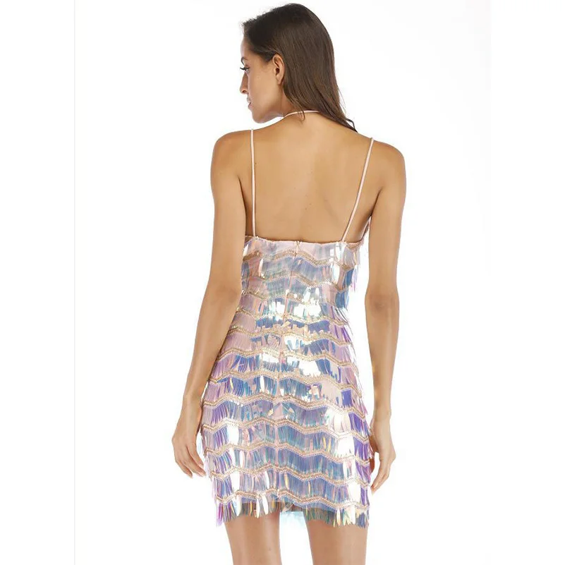 glitter sequin dress fashion woman clothes vestido vestidos sexy backless fringe suspender bodycon short party dresses plus size | Женская