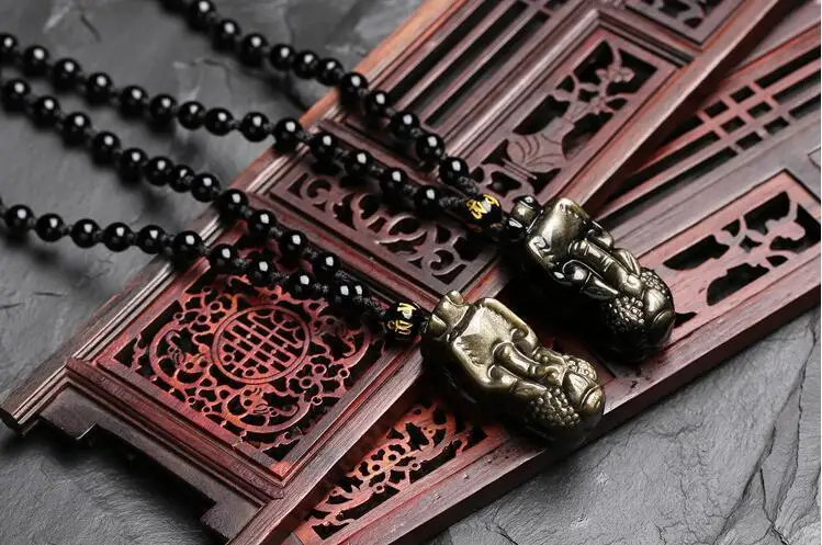 Unique Natural Gold Obsidian Black Jade Pendant Chinese Dragon Pixiu amulet | Украшения и аксессуары