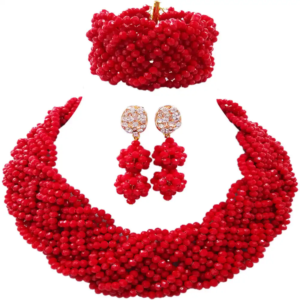 

Модные непрозрачные красные Африканские свадебные бусы нигерийское ожерелье Braccelet серьги вечерние ювелирные аксессуары 12BZ04
